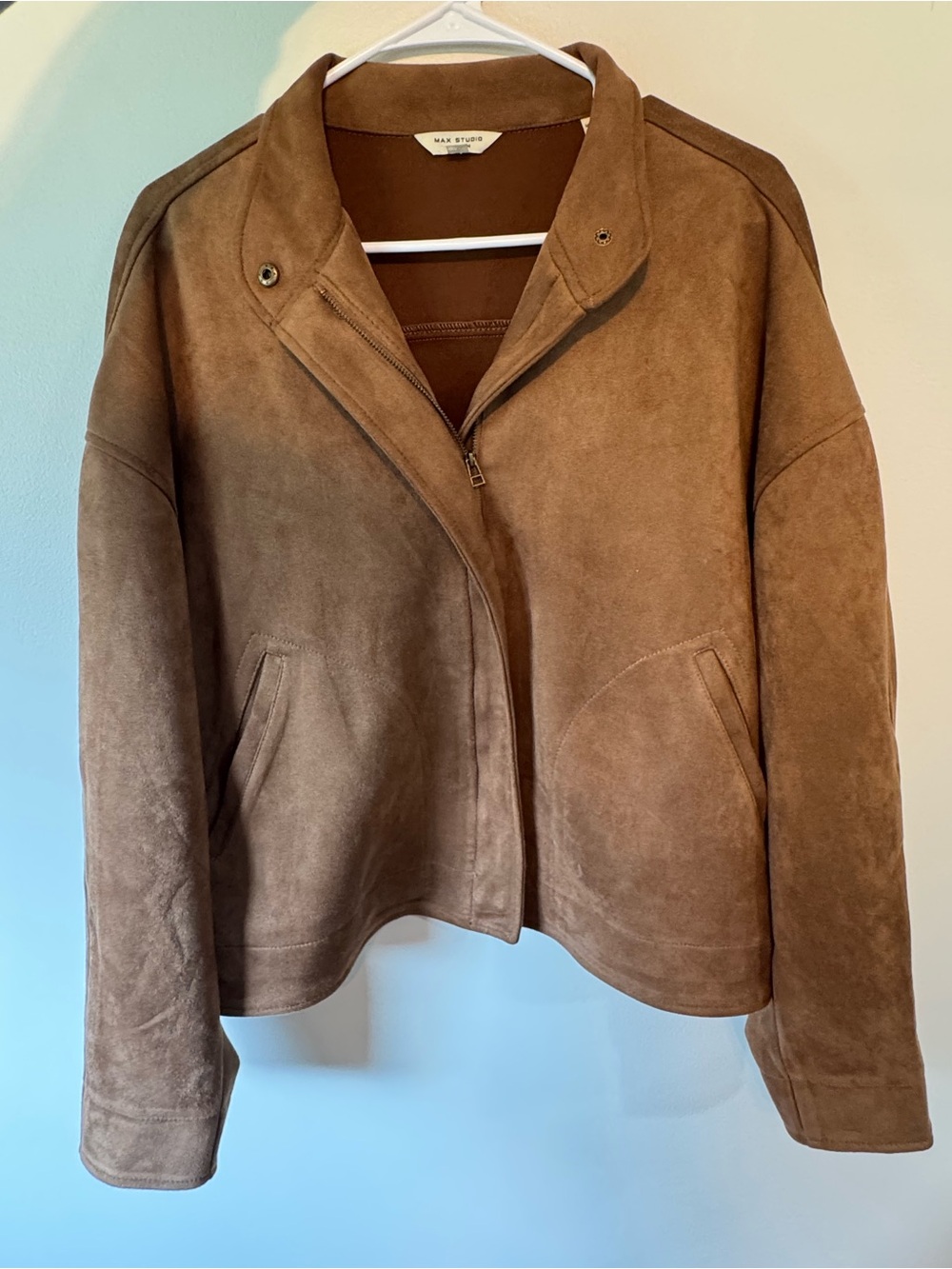 Max Studio Brown Faux Suede Full Zip Jacket Hidden Front Closure Women’s Large